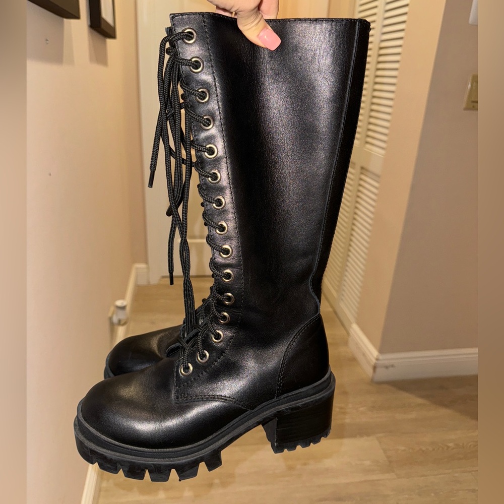 Jeffrey Campbell Leather Side Zipper Women’s Black Knee High Boots 8